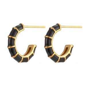 Black Enamel Bamboo C Shape Hoop Huggie Earrings 18K Gold Plated Stainless Steel